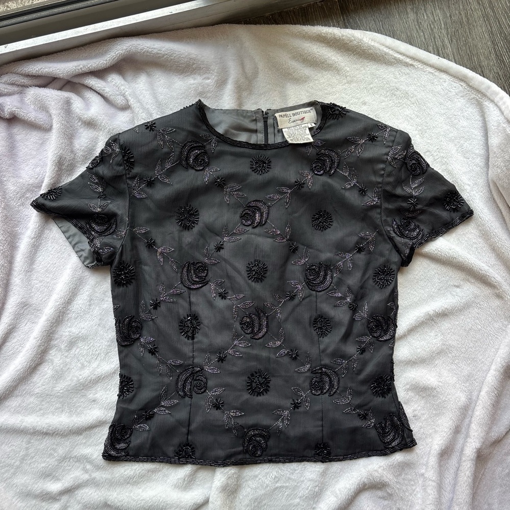 Papll Boutique Evening Black Embroidered Women's Short Sleeve Form Fitting Top View 4